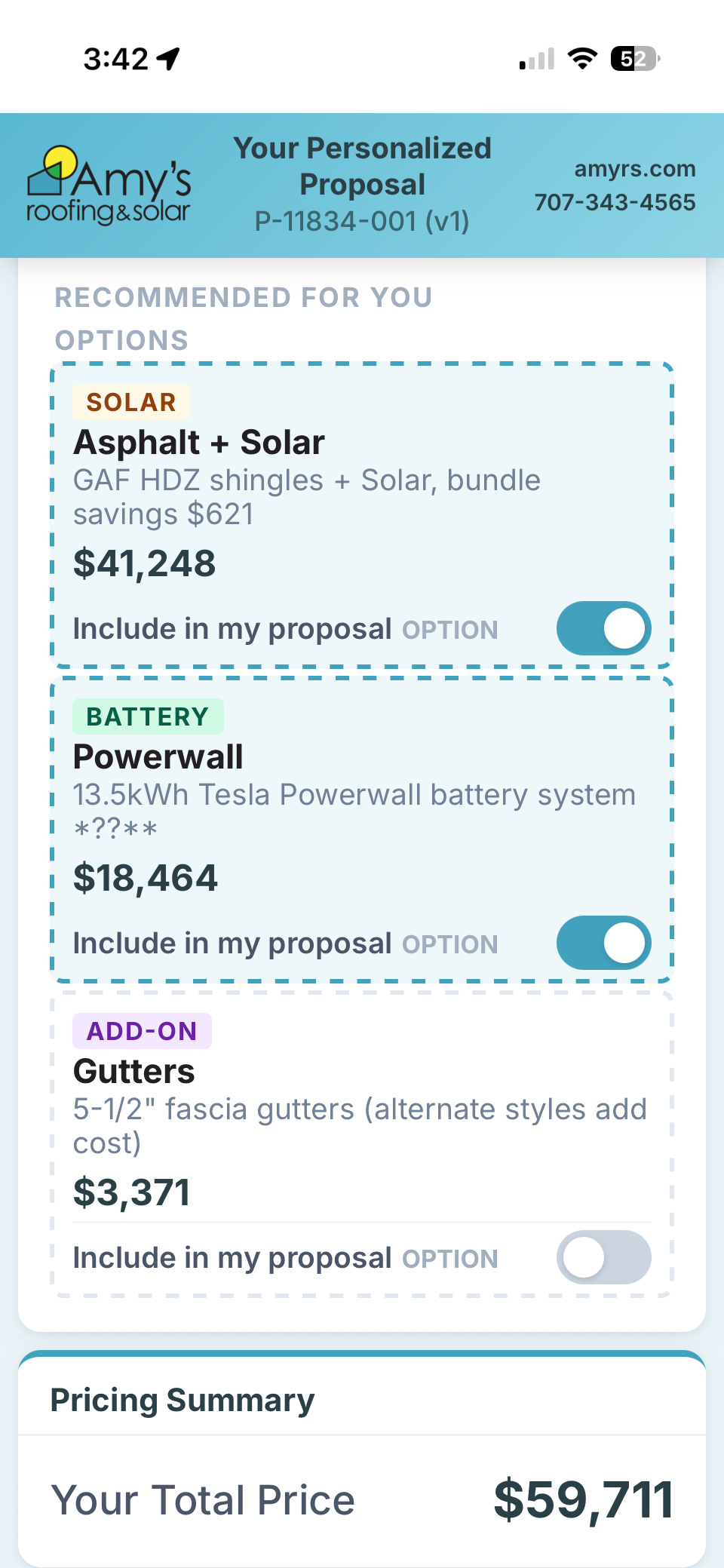 Amy's Roofing & Solar Personalized Proposal mobile app