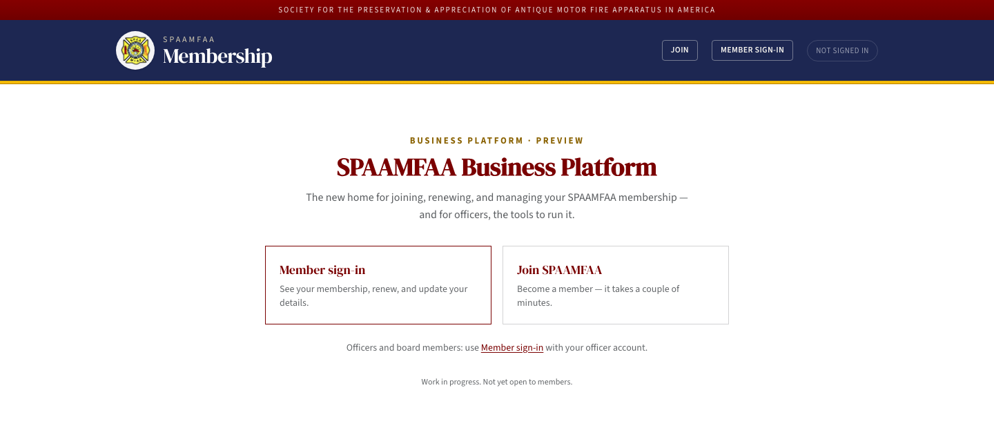 SPAAMFAA membership platform sign-in and join screen